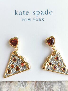Kate Spade Pizza My Heart Gold Multicolor Drop Earrings Crystal Heart Slice